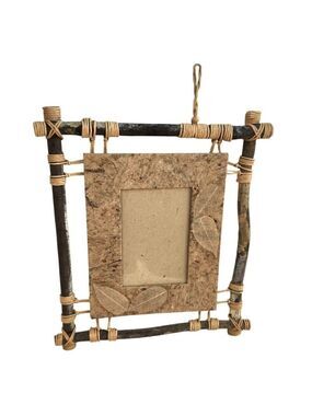 Rustic Natural Wood & Leaf Picture Art Frame With Bark Accent Boho Decor
